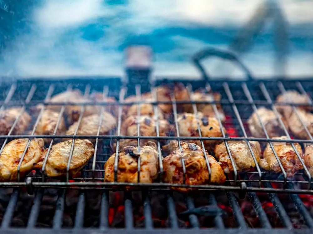 Chicken pieces on a charcoal grill