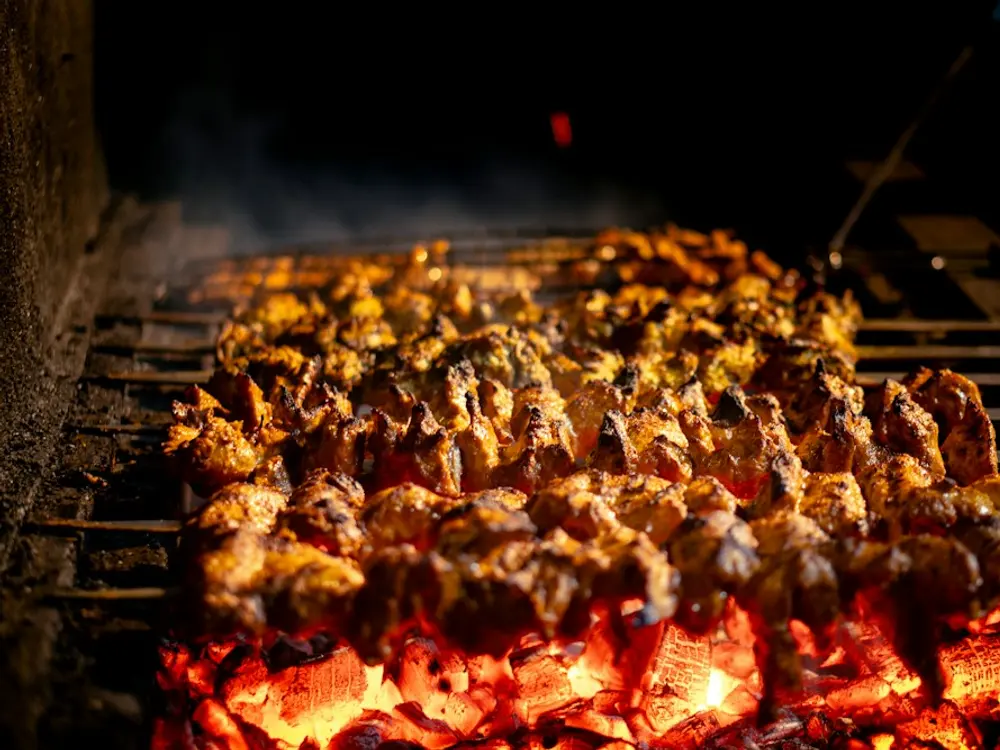 Kebab skewers cooking over glowing coals