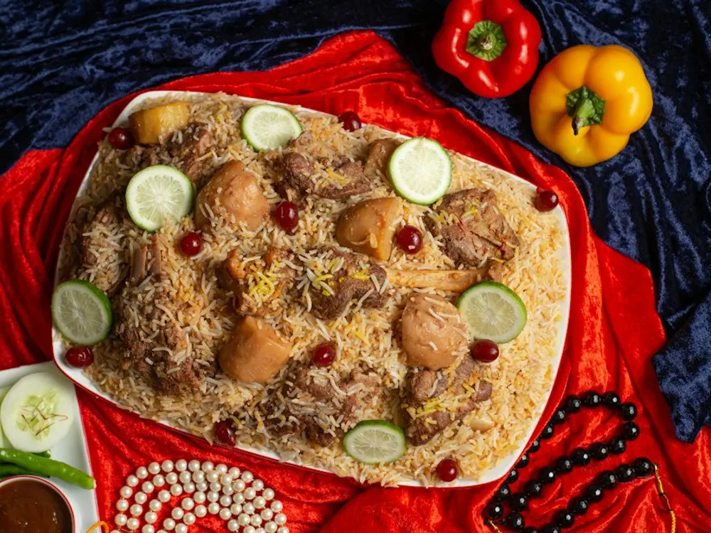 Biryani platter garnished with salad